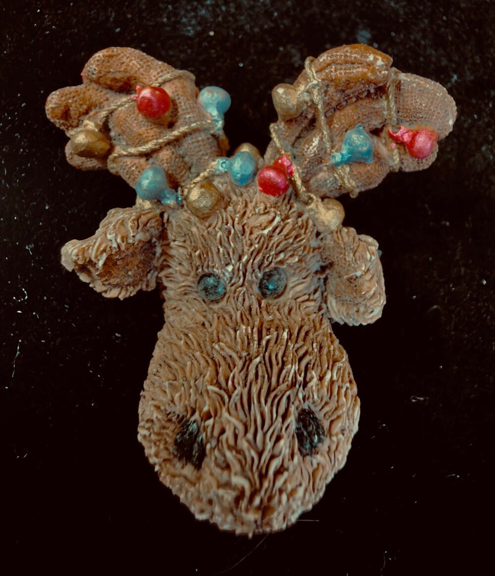 Vintage Christmas Reindeer Brooch Hand Painted Resin Figural Holiday Deer Pin